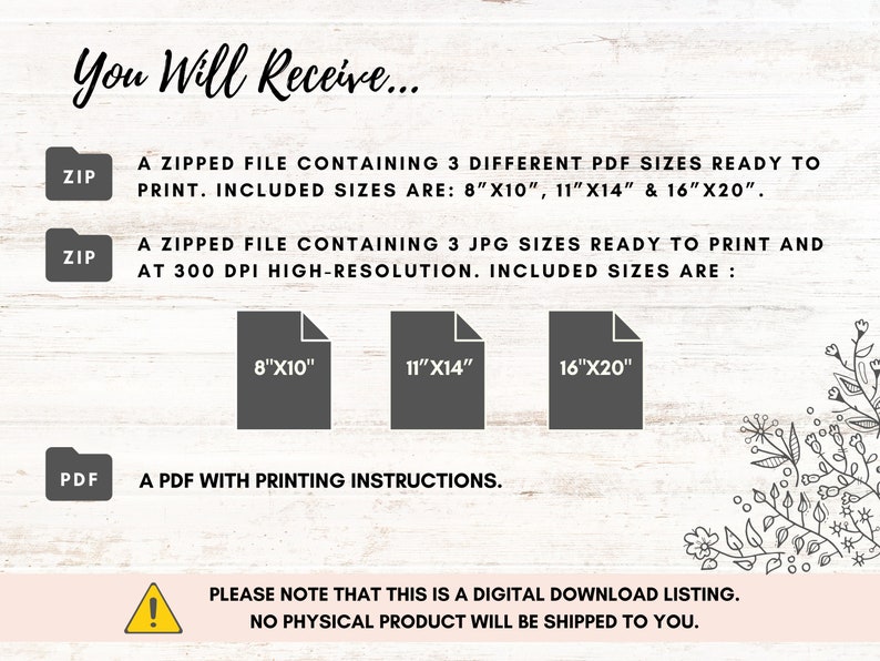 May include: A digital download listing for printable wall art. The image shows a graphic with the text "You Will Receive..." and lists three different file types: a zipped file containing three PDF sizes (8x10 inches, 11x14 inches, and 16x20 inches), a zipped file containing three JPG sizes (8x10 inches, 11x14 inches, and 16x20 inches), and a PDF with printing instructions. The text "Please note that this is a digital download listing. No physical product will be shipped to you." is also included.