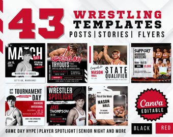 Wrestling Templates Bundle | 43 Editable Canva Templates for Teams | Match Day, Tryouts, Player Spotlights, Senior Night
