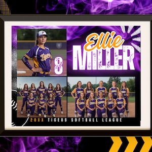 Könnte beinhalten: Ein gerahmter Fotocollage-Druck mit einer Softballspielerin in lila-goldener Uniform, dem Namen Ellie Miller, der Nummer 8 und zwei Mannschaftsfotos in passenden Uniformen mit dem Text 20XX TIGERS SOFTBALL LEAGUE auf lila Hintergrund.