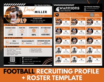 Football Recruiting Profile Template, Player Profile + Team Roster Bundle, Editable Canva Travel Football Recruiting Card