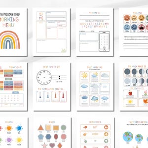 May include: A collection of educational printables for children. The pages feature colorful illustrations and text, including a morning menu, daily planner, feelings chart, and weather and season guides. The rainbow design adds a playful touch.