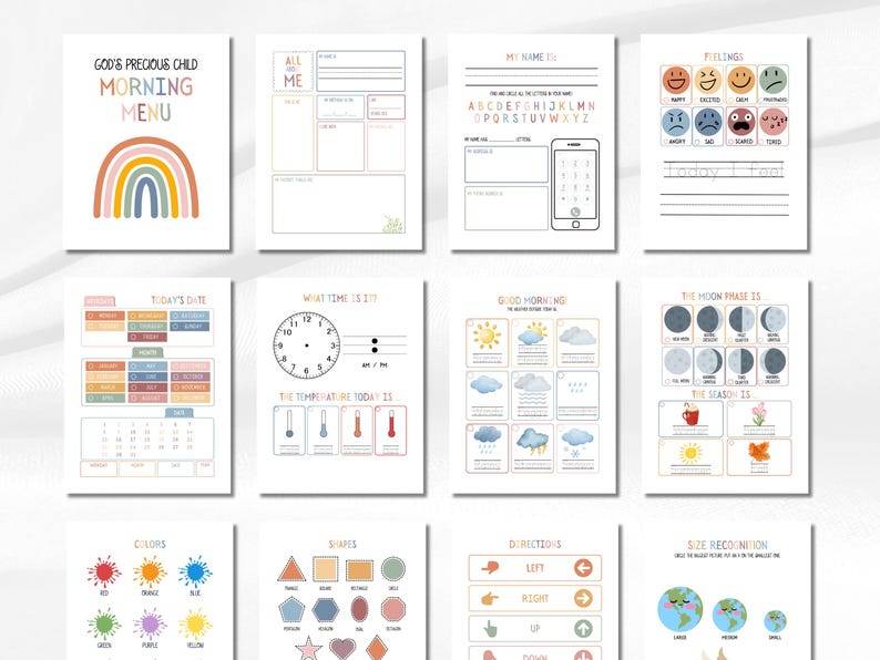 May include: A collection of educational printables for children. The pages feature colorful illustrations and text, including a morning menu, daily planner, feelings chart, and weather and season guides. The rainbow design adds a playful touch.
