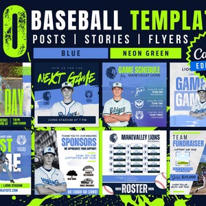 May include: A digital collection of 50 baseball templates for posts, stories, and flyers, featuring blue and neon green accents. The designs include text like Game Day, Next Game, and Roster, with placeholders for photos of baseball players.