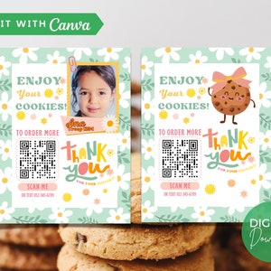 Tarjeta de agradecimiento de galletas de Girl Scout 2024 2025, etiqueta de Girl Scout editable e imprimible con código QR de imagen, entrega de 3 x 4 pulgadas