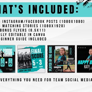 K&ouml;nnte beinhalten: Eine Werbegrafik mit dem Text &bdquo;WAS ENTHALTEN IST&ldquo; und einer Liste von Social-Media-Vorlagen. Enth&auml;lt Beispiele f&uuml;r Instagram-Posts und Flyer f&uuml;r Sportteams mit dem Text &bdquo;FINAL SCORE&ldquo; und &bdquo;HAPPY BIRTHDAY&ldquo;.