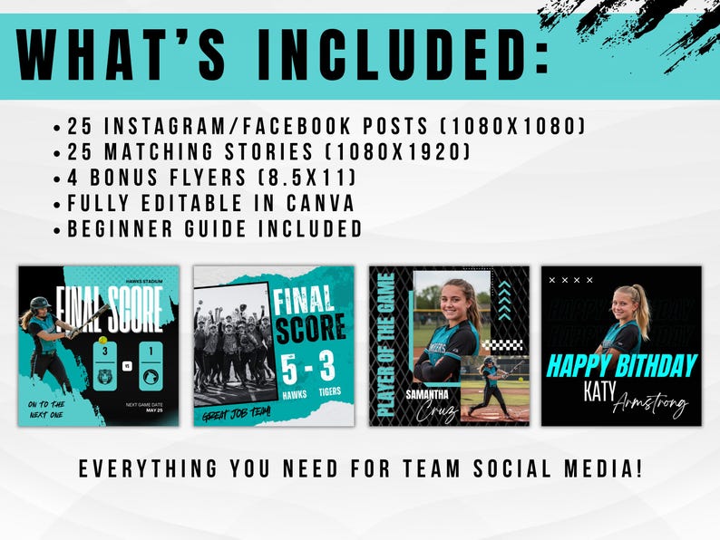 K&ouml;nnte beinhalten: Eine Werbegrafik mit dem Text &bdquo;WAS ENTHALTEN IST&ldquo; und einer Liste von Social-Media-Vorlagen. Enth&auml;lt Beispiele f&uuml;r Instagram-Posts und Flyer f&uuml;r Sportteams mit dem Text &bdquo;FINAL SCORE&ldquo; und &bdquo;HAPPY BIRTHDAY&ldquo;.