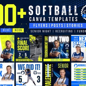 Könnte beinhalten: Eine digitale Sammlung von über 90 Softball-Canva-Vorlagen für Flyer, Posts und Stories. Das Design verwendet ein Farbschema in Blau, Weiß und Neongelb mit Texten wie Game Day, Final Score, Player of the Week und Senior.