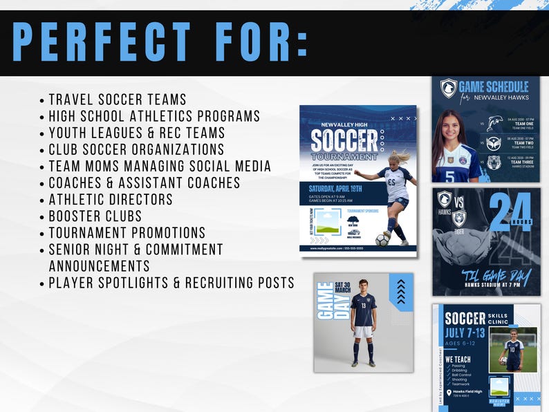 May include: A promotional graphic for soccer events. The image includes a list of uses, such as for travel soccer teams and tournament promotions. Several soccer-themed graphics are also displayed, including a game schedule and a soccer tournament flyer.