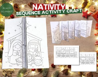 Christmas Nativity Story Folding Sequence Printable Coloring Craft, Bible Activity for Sunday School