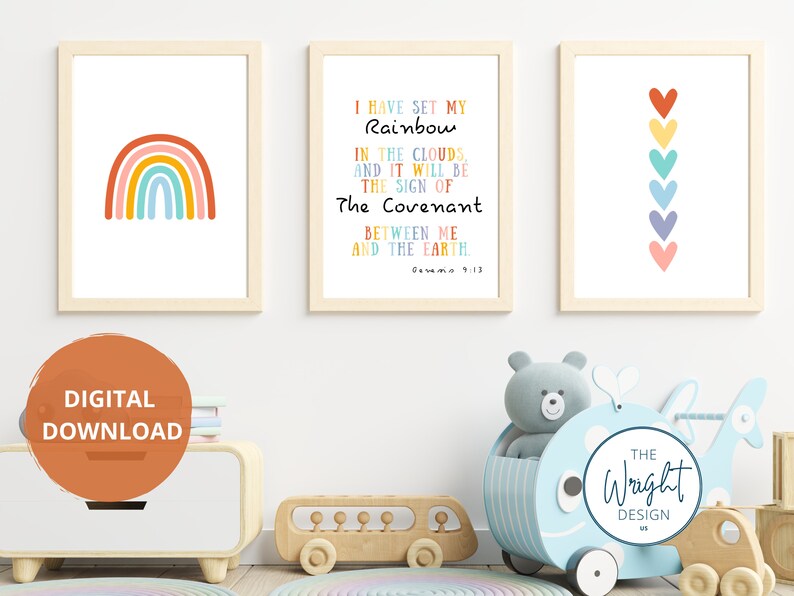 May include: Three printable wall art prints with a rainbow, hearts, and a Bible verse about the rainbow. The verse reads "I have set my rainbow in the clouds, and it will be the sign of the covenant between me and the earth. Genesis 9:13"