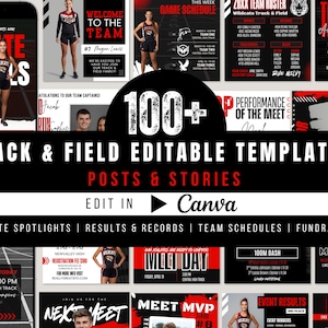 Può includere: Una raccolta di modelli digitali per social media sull'atletica leggera con grafiche rosse, nere e bianche. Il testo include 100+ TRACK & FIELD EDITABLE TEMPLATES, POSTS & STORIES, EDIT IN CANVA e vari dettagli su eventi sportivi.