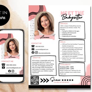 Folheto editável de babá, currículo de serviços de creche feminina e cartão de visita digital