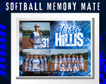Softball Team Photo Template Canva, 8x10 Blue White Memory Mate, Player Recognition Collage Printable, Sports Keepsake Gift