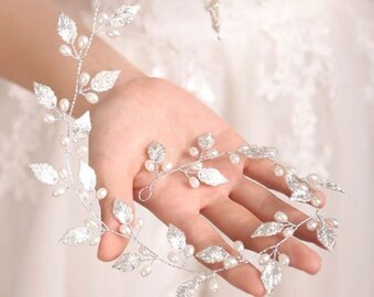 Extra Long Hair Vine with Leaves and Pearls for Bridal Elegance