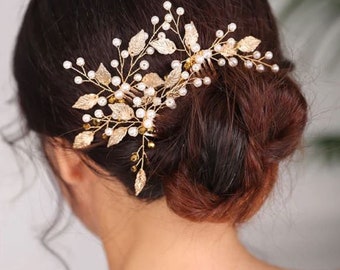 Gold Leaf and Pearl Hair Combs - Bridal Formal Hair Combs
