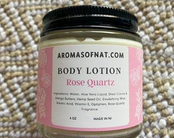 ROSE Quartz Shea Butter Lotion | VITAMIN E | Rose Quartz Scented | Aloe Vera & Butter Mix | Special Skin Moisture | 4oz Glass Jar