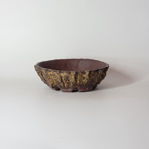 May include: A brown ceramic bowl with a textured, rough exterior. The bowl has a dark brown interior and a rim with an uneven edge. The exterior has a mix of brown and yellow-green tones, giving it a natural, earthy appearance.