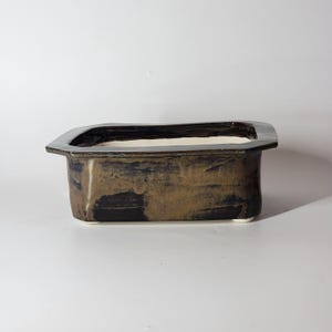 May include: A rectangular ceramic planter with a dark brown and gold glaze. The planter has a wide, flat rim and sits on small white feet. The interior is white, contrasting with the exterior's earthy tones. Suitable for succulents or small plants.