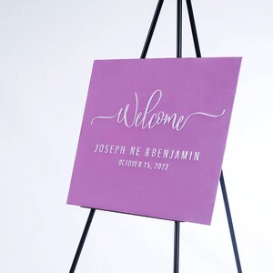 Segno di benvenuto matrimonio acrilico lilla con stand, segno di benvenuto acrilico, segnaletica di nozze, segno di matrimonio acrilico, segno di benvenuto, segno di matrimonio personalizzato