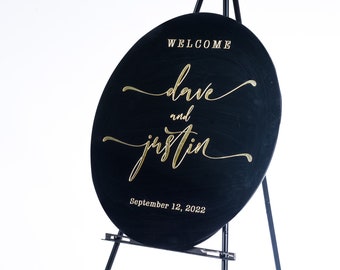 Black Round Acrylic Wedding Welcome Sign with Stand, Black and Gold 3d Acrylic Welcome Sign, Acrylic Wedding Sign, Round Custom Wedding Sign