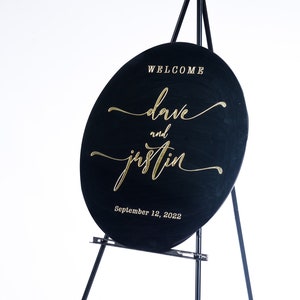 Letrero de bienvenida de boda de acrílico redondo negro con soporte, letrero de bienvenida de acrílico 3D negro y dorado, letrero de boda de acrílico, letrero de boda redondo personalizado