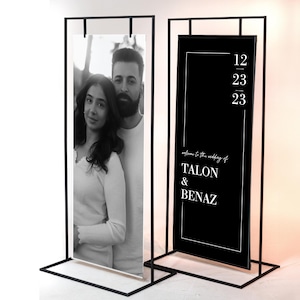 Cartello di benvenuto per matrimonio con supporto, supporto in metallo, cartello di benvenuto con stampa a tenda in bianco e nero, segnaletica per eventi e matrimoni, decorazione per matrimoni