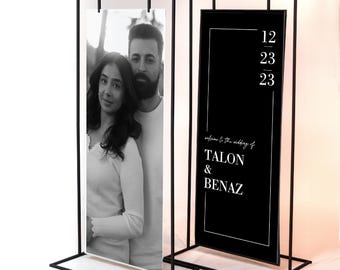 Placa de boas-vindas para casamento com suporte, suporte de metal, placa de boas-vindas com estampa de cortina preta e branca, sinalização para eventos e casamentos, decoração de casamento