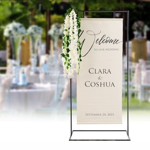 White Curtain Wedding Welcome Sign with stand, Curtain Print Welcome Sign, Wedding Signage, Wedding Decoration, Welcome Sign, Party Decor