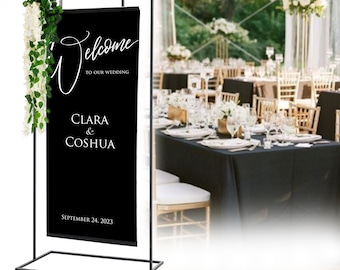 Placa de boas-vindas para casamento com cortina preta e suporte, Placa de boas-vindas com impressão em cortina, Sinalização para casamento, Decoração para casamento, Placa de boas-vindas, Decoração para festa