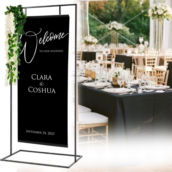 Black Curtain Wedding Welcome Sign with stand, Curtain Print Welcome Sign, Wedding Signage, Wedding Decoration, Welcome Sign, Party Decor