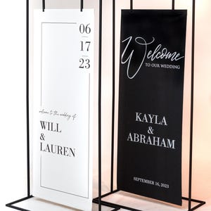Black and White Wedding Welcome Sign with stand, Curtain and Metal Easel Event Signage, Seating Chart Stand, Large Welcome Sign, Party Decor