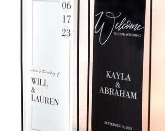 Placa de boas-vindas para casamento em preto e branco com suporte, cortina e cavalete de metal para sinalização de eventos, suporte para mapa de assentos, placa de boas-vindas grande, decoração para festas
