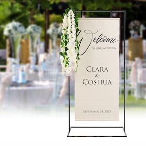 Black and White Wedding Welcome Sign with stand, Curtain Print Welcome Sign, Wedding Signage, Wedding Decoration, Welcome Sign, Party Decor