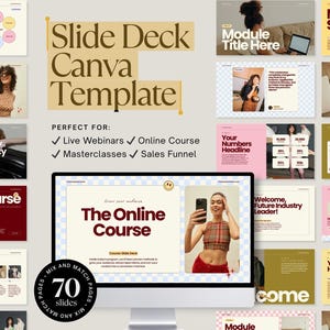 Puede incluir: Un monitor de ordenador muestra una plantilla de Canva para presentaciones. El texto dice "Slide Deck Canva Template" y "The Online Course". Diapositivas adicionales muestran varios diseños. La plantilla es perfecta para webinars, cursos online, masterclasses y embudos de venta.