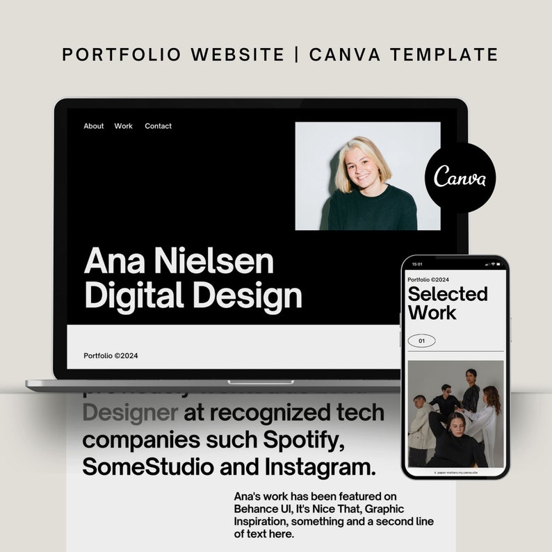 May include: A black and white laptop screen displaying a website portfolio for a digital designer named Ana Nielsen. The website features a black background with white text and a photo of the designer. The text on the screen reads "Ana Nielsen Digital Design" and "Designer at recognized tech companies such Spotify, SomeStudio and Instagram."