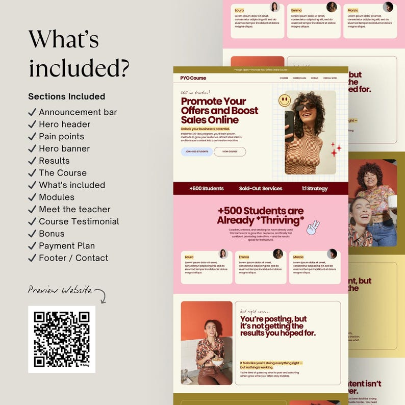 May include: A digital marketing course advertisement with a pink and white color scheme. The text includes "Promote Your Offers and Boost Sales Online" and "+500 Students are Already *Thriving*". A QR code and a list of included sections are also visible.