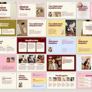 May include: A collection of presentation slides with a consistent design. Each slide features a cream background with text in a dark red font. Some slides have images and text boxes. The text includes phrases like "Module Title Here" and "Your Slide Deck Headline Here."