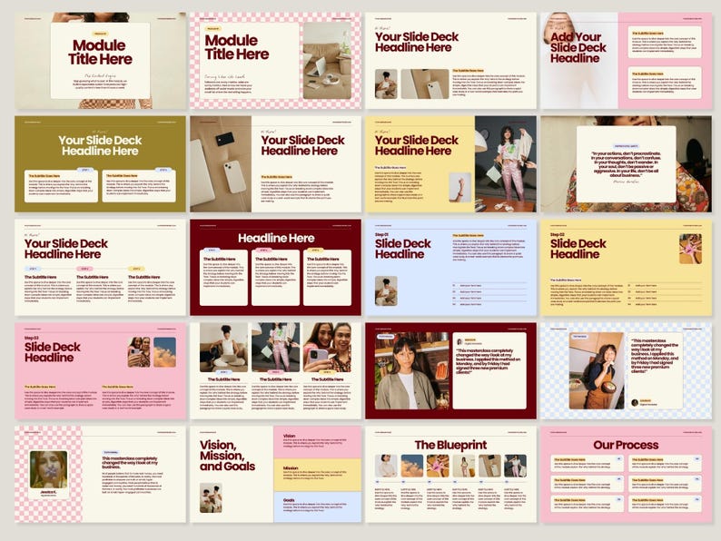 May include: A collection of presentation slides with a consistent design. Each slide features a cream background with text in a dark red font. Some slides have images and text boxes. The text includes phrases like "Module Title Here" and "Your Slide Deck Headline Here."