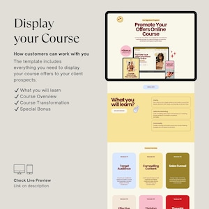 May include: A digital marketing course template displayed on a tablet. The screen shows the course title, "Promote Your Offers Online Course," and includes sections on what you will learn, course overview, and special bonuses. The text "Display your Course" is also visible.