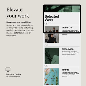 May include: A screenshot of a website showcasing a portfolio of selected work. The website features a light gray background with black text and images. The website title is "Selected Work" and features three projects: Acme Co., Green App, and Rhoda. Each project has a brief description and a button to "Explore More".