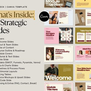 May include: A Canva template slide deck with a beige and pink color scheme. The image showcases 70 strategic slides, including covers, welcome slides, team slides, and more. The text "What's Inside: 70 Strategic Slides" is prominently displayed.