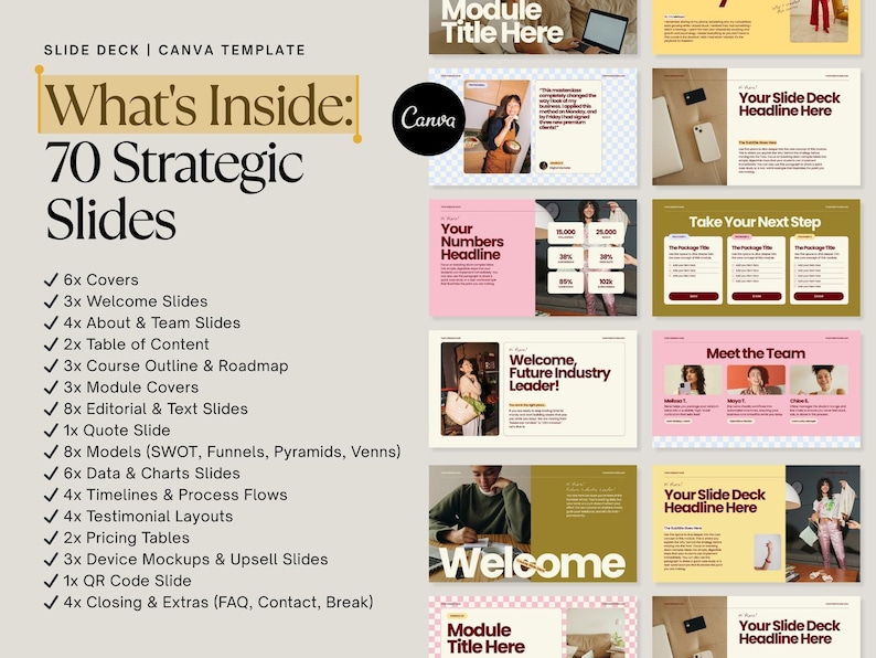 May include: A Canva template slide deck with a beige and pink color scheme. The image showcases 70 strategic slides, including covers, welcome slides, team slides, and more. The text "What's Inside: 70 Strategic Slides" is prominently displayed.