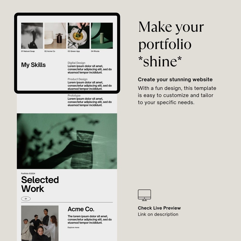 May include: A website mockup for a portfolio showcasing a selection of work, including digital design, product design, and prototyping. The website has a green and white color scheme and features a call to action to explore more.
