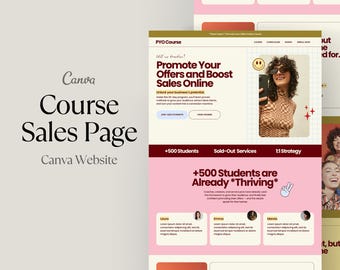Página de ventas de Canva, plantilla de sitio web de Canva para coaching, creador de cursos, embudos de ventas, páginas de destino, coaches, marketing, tema retro para sitios web