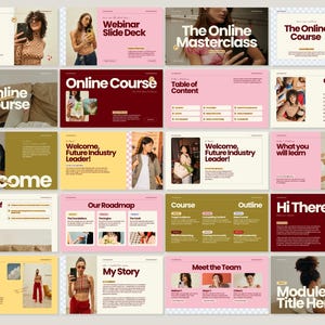 May include: A collection of digital presentation slides with a consistent design. The slides feature text like "The Viral Brand Webinar," "Online Course," and "Welcome." The color scheme includes pink, beige, and dark red.