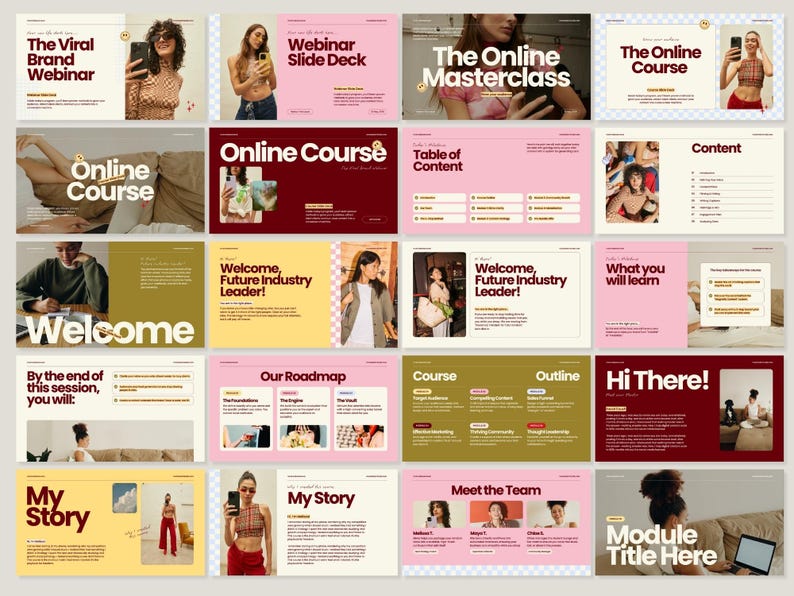 May include: A collection of digital presentation slides with a consistent design. The slides feature text like "The Viral Brand Webinar," "Online Course," and "Welcome." The color scheme includes pink, beige, and dark red.