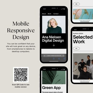 May include: A mockup of a mobile phone screen displaying a website for a digital designer named Ana Nielsen. The website has a black background with white text and a link to the designer's website. The website also includes a QR code that can be scanned to view the mobile version of the website.