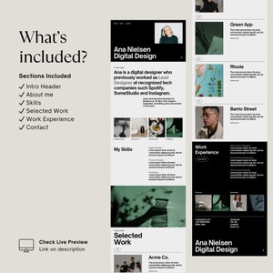 May include: A black and white website design mockup for a digital designer named Ana Nielsen. The website features a portfolio of work, a skills section, and a contact page. The website is designed in a minimalist style with a black background and white text.