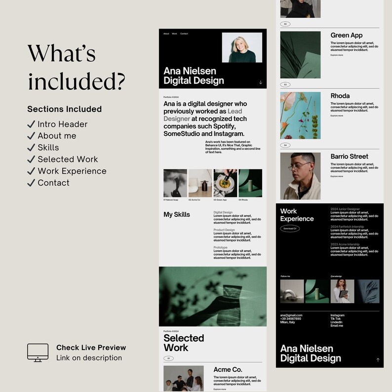 May include: A black and white website design mockup for a digital designer named Ana Nielsen. The website features a portfolio of work, a skills section, and a contact page. The website is designed in a minimalist style with a black background and white text.