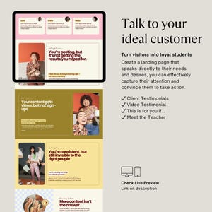 May include: A digital marketing presentation on a tablet with the text "Talk to your ideal customer." The presentation includes screenshots, testimonials, and the phrases "You're posting, but it's not getting the results you hoped for" and "Check Live Preview."